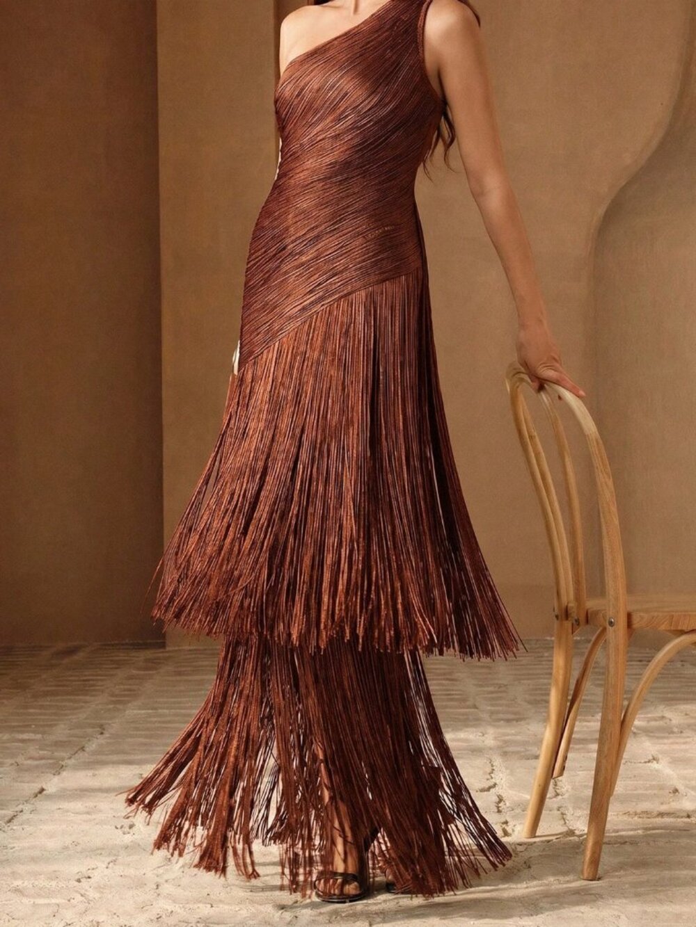 Coffee Elegant Women's Fringe Zipper Asymmetrical Mini Bodycon Dress